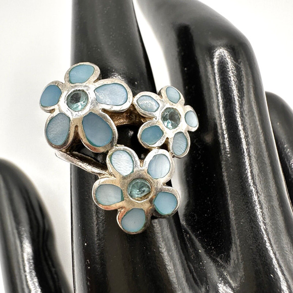 Château d’Argent Sterling Blue Mother of Pearl Triple Daisy Flower Ring sz 7.75 - Picture 1 of 13
